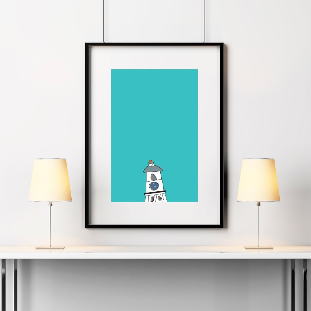 Halifax town clock print in a frame above a table.