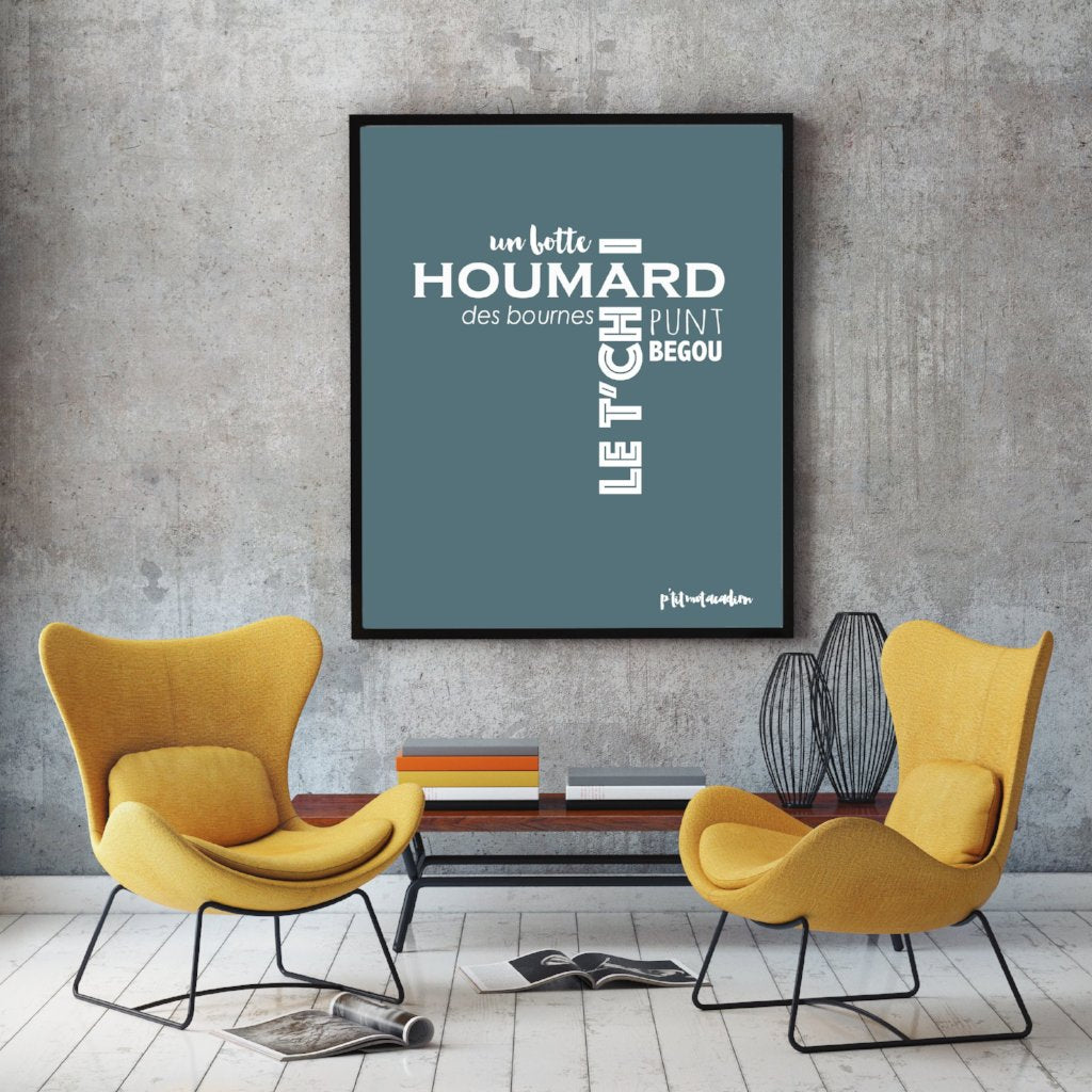 A grey print with Acadian /Acadien sayings all about fishing framed on a wall above yellow chairs.