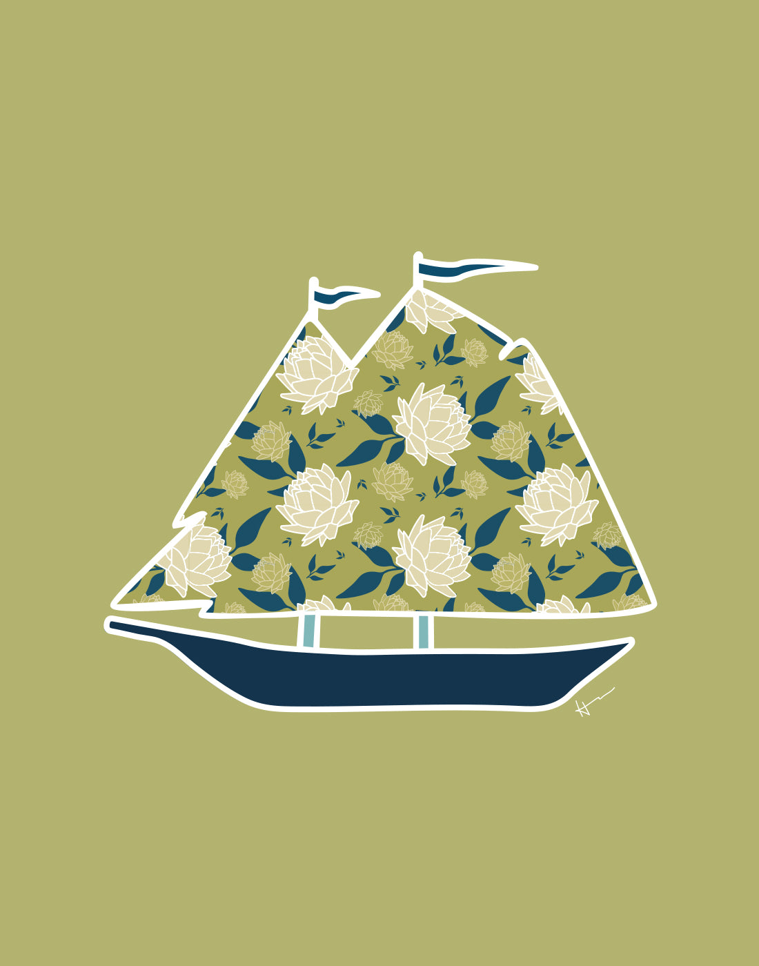 Schooner & the Ocean | Olive - Art Print