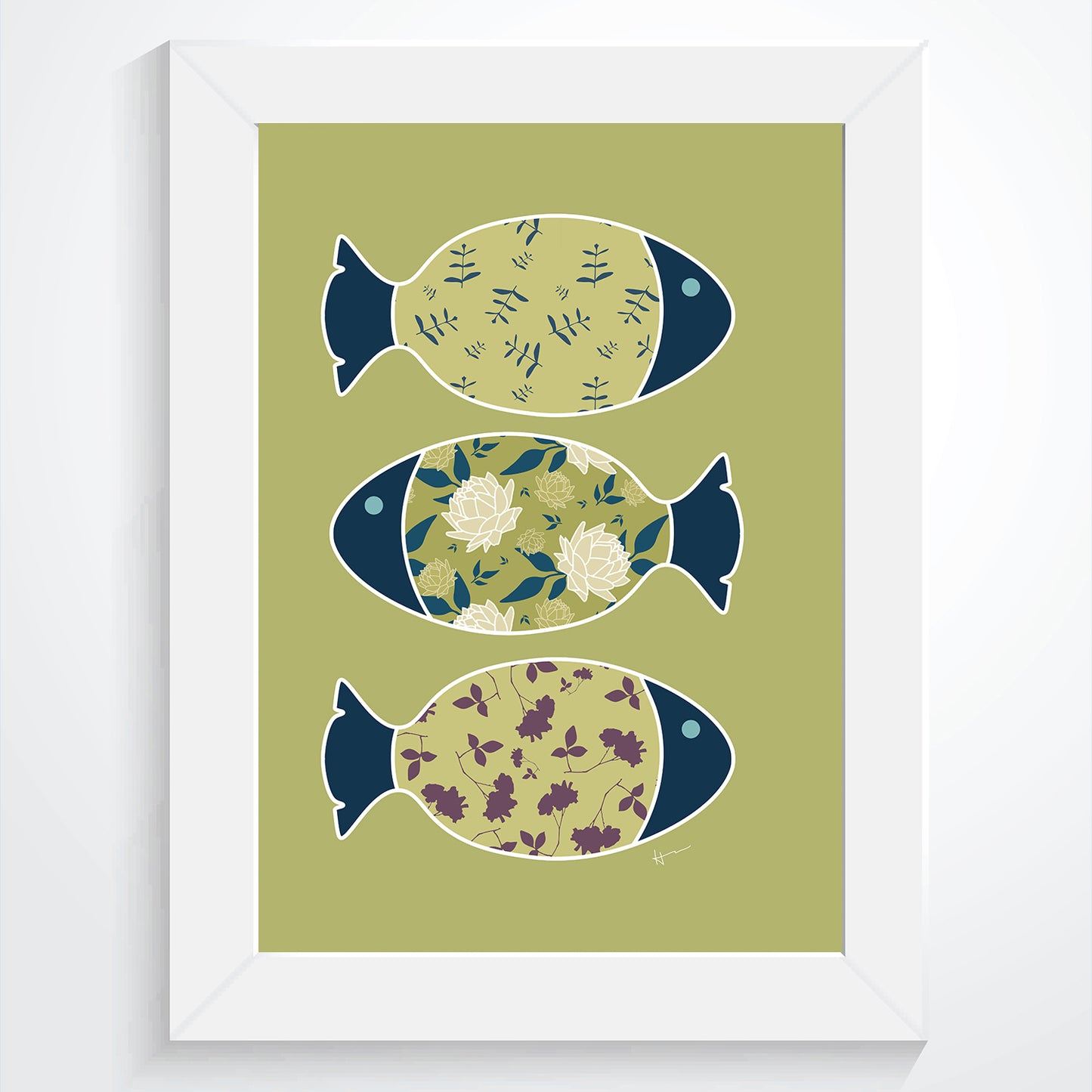 Three Swimming Fish & the Ocean |Olive - Art Print