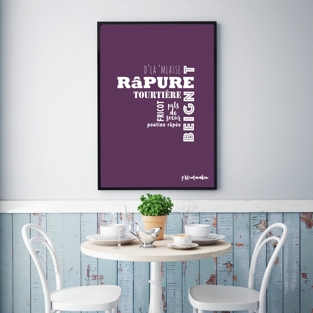 French Acadian/Acadien food related words printed, framed on a wall above a table.