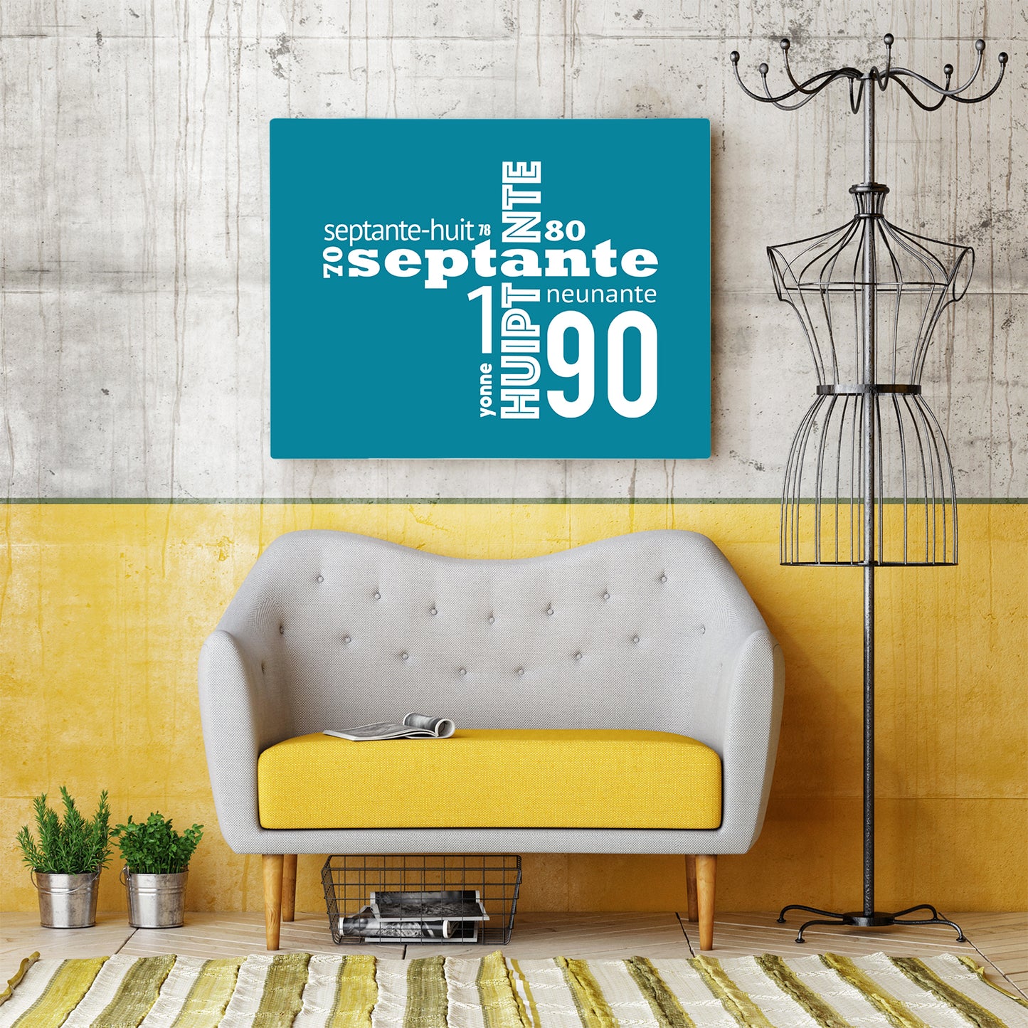 A bright Acadian / Acadien print, framed and on a wall above a modern yellow/beige couch.