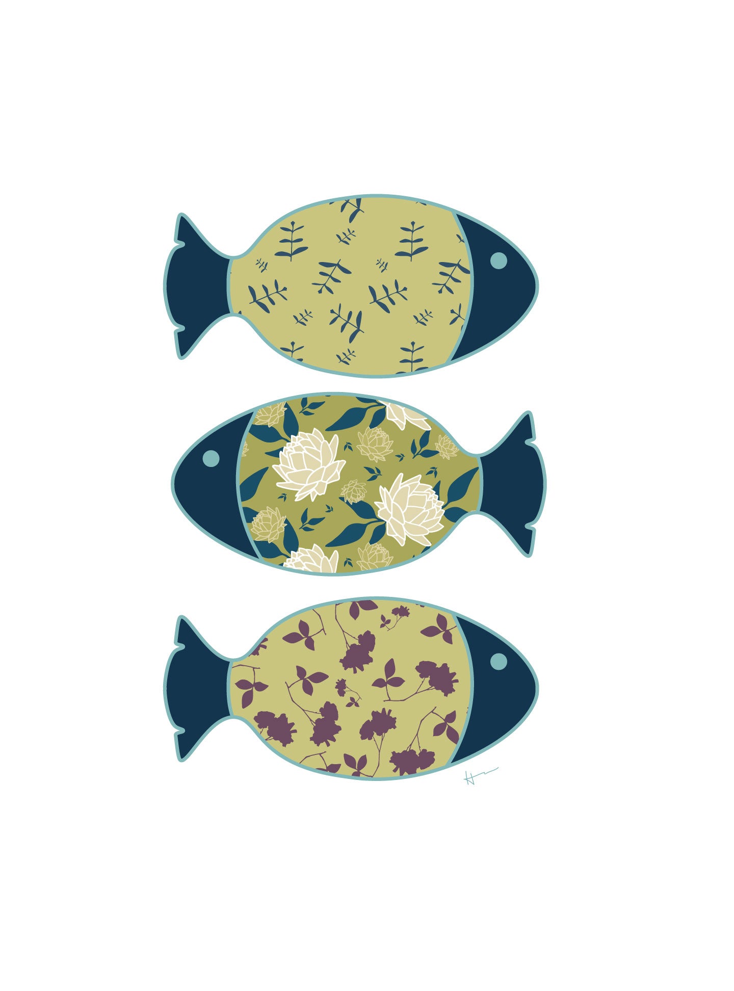Three Swimming Fish & the Ocean | White - Art Print