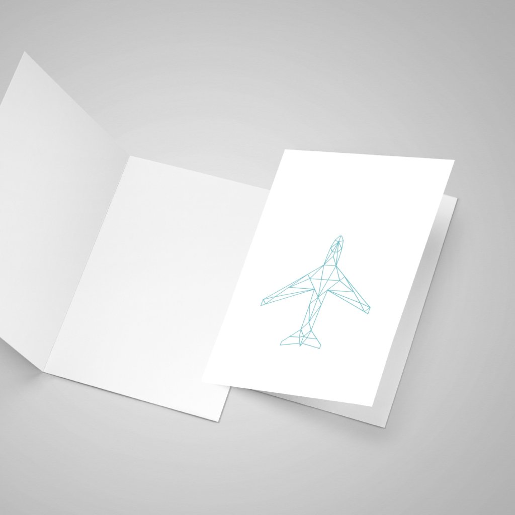 A open blank greeting card with a closed greeting card with a geometric aircraft in the front.