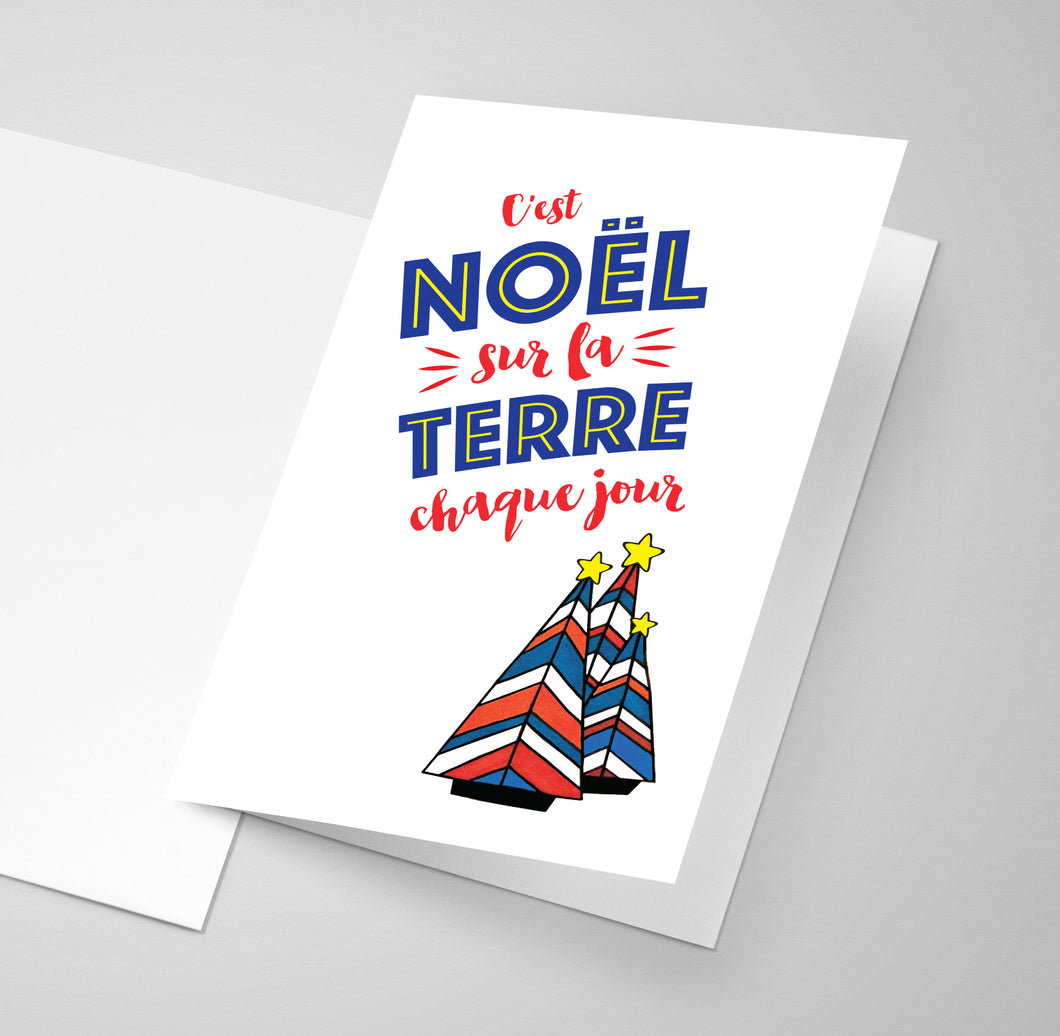 An Acadian Christmas greeting card in the Acadian flag colours.