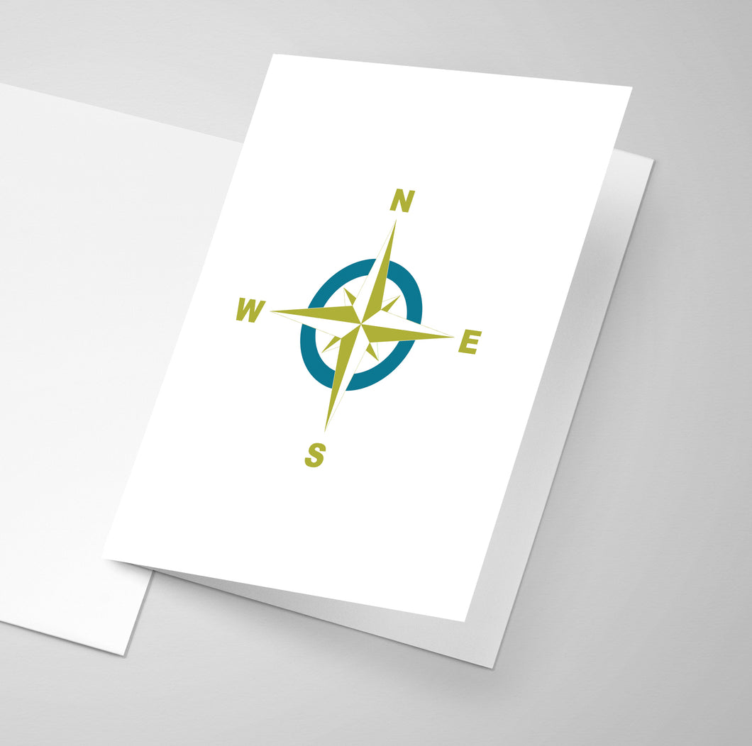 Compass rose on the front of a greeting card in teal and lime colours.
