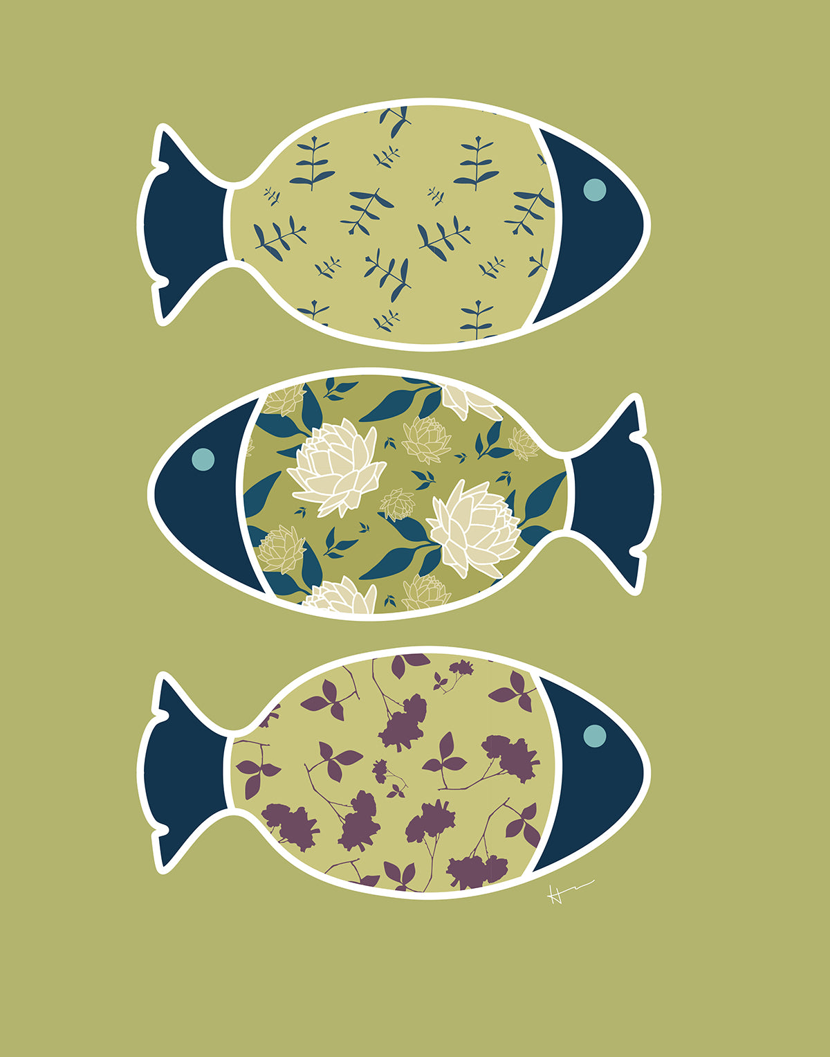 Three Swimming Fish & the Ocean |Olive - Art Print
