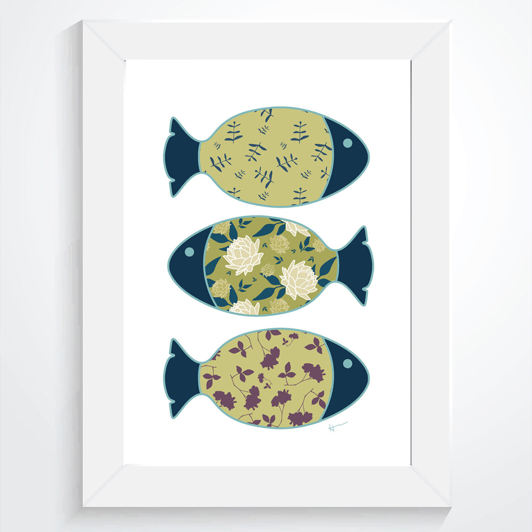 Three Swimming Fish & the Ocean | White - Art Print