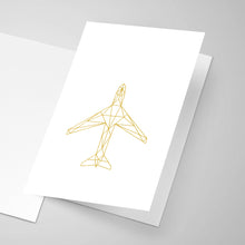 A geometric illustration of an aircraft on the front of a greeting card.